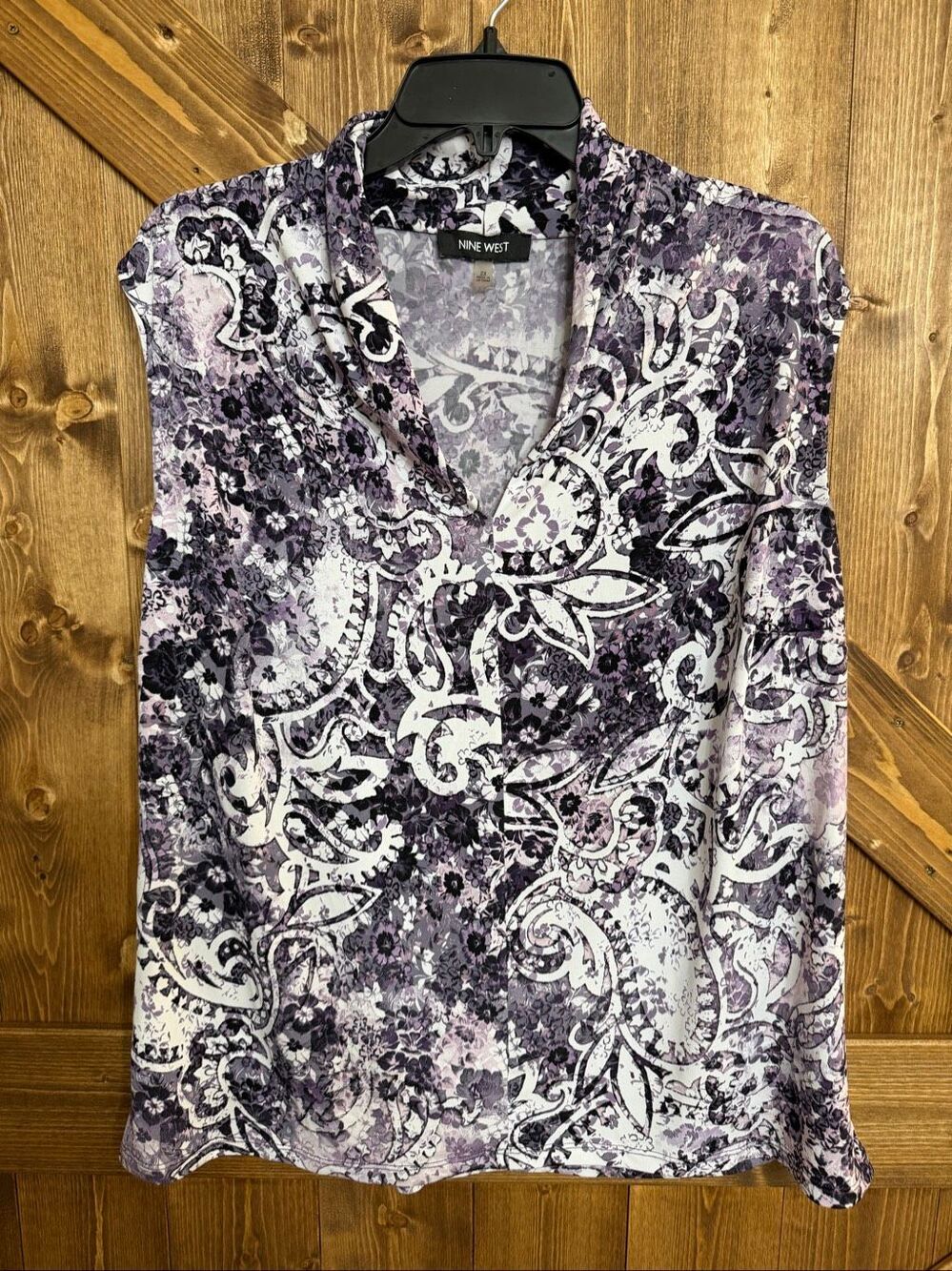 Nine West Women’s 2X Purple Black White Floral Paisley Long Sleeve Blouse Top(93